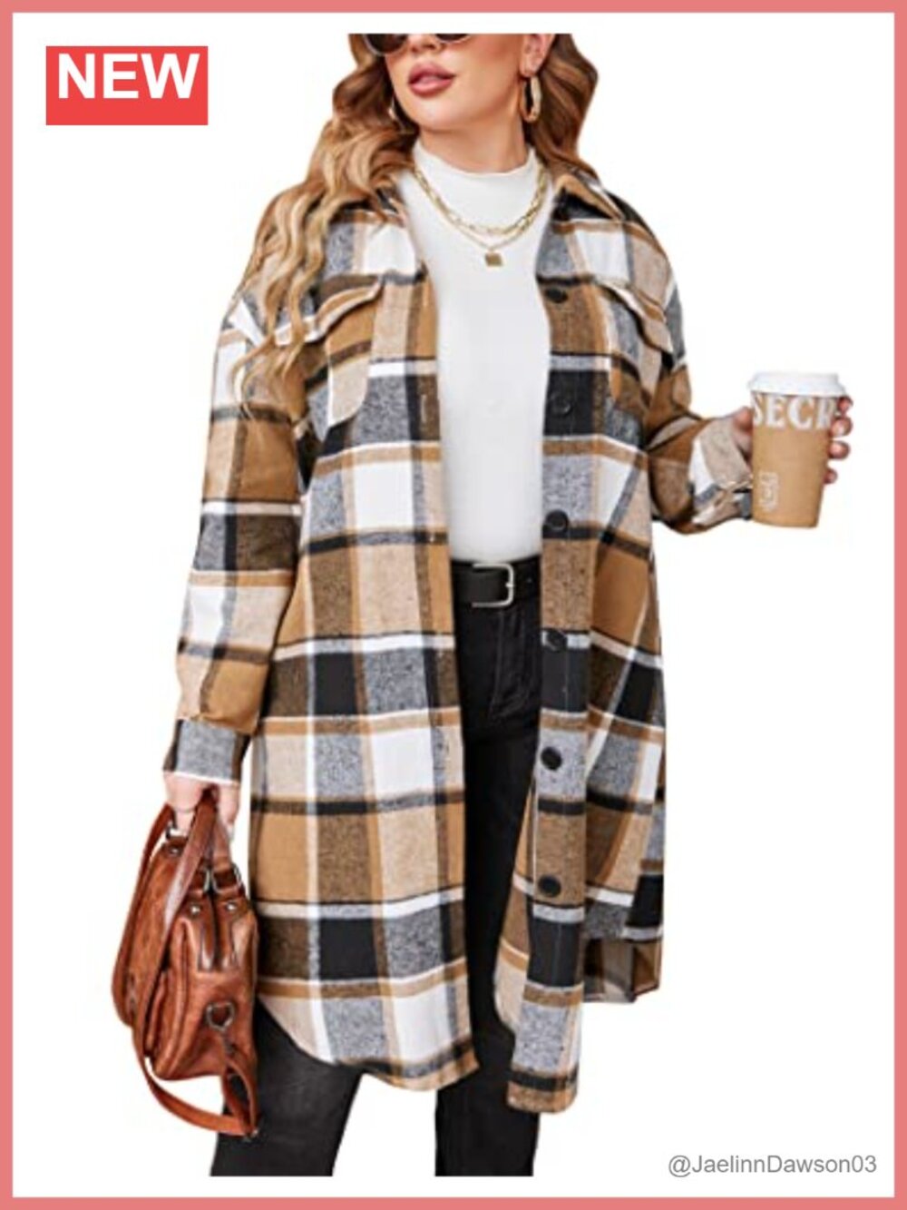 Plus Size Flannel Plaid Shacket Long Sleeve Oversized Midi Button Down Jacket